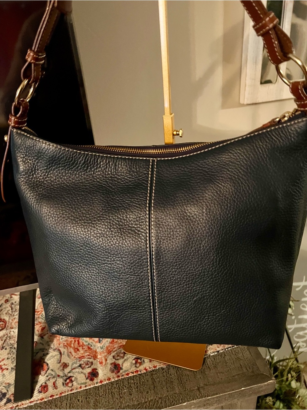 Dooney & Bourke Navy Pebbled Leather Satchel with Brown Trim with pouch - Picture 5 of 13
